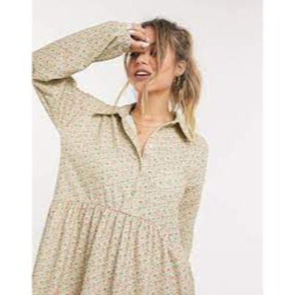 ASOS Womens long sleeve smock shirt dress 14 green ditsy Floral Maxi Cottagecore - Picture 5 of 11